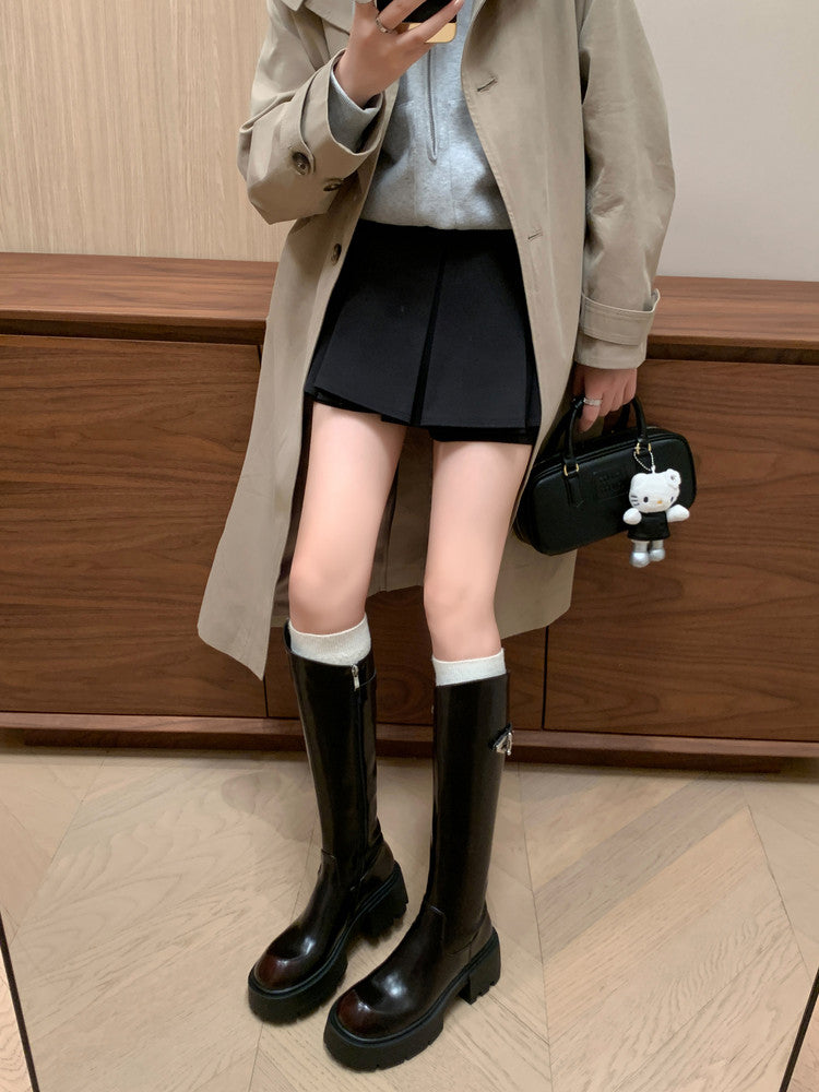 Karin Luna In Stock In Stock  Round Toe Thick Sole Belt Buckle Side Zipper Knight Boots