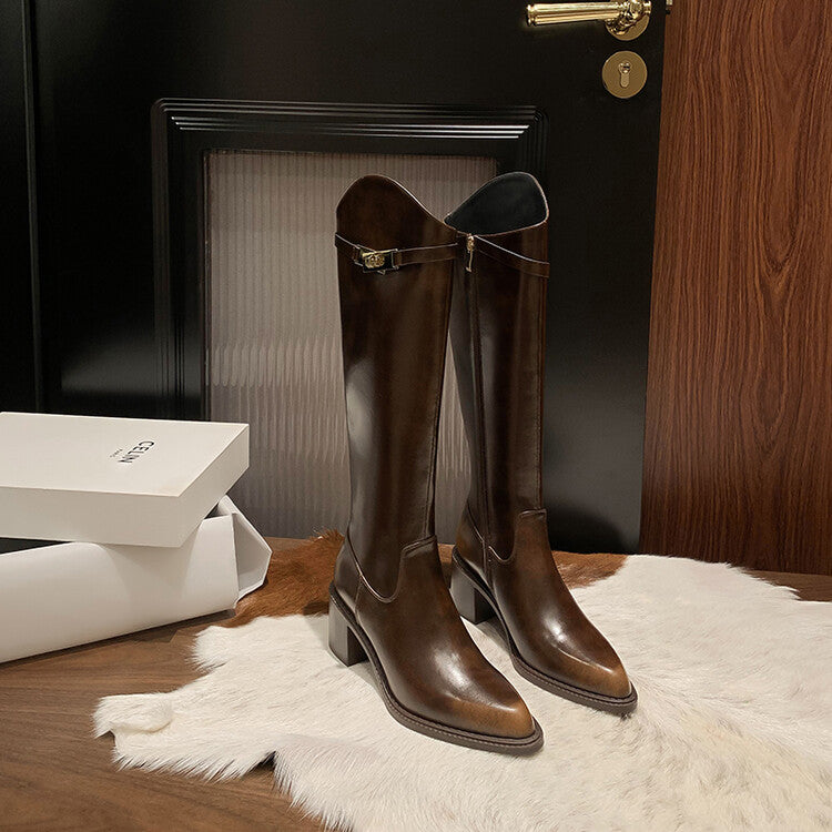 Karin Luna Hot-Selling Fasteners Sold as soon as listed Comes with data plan included Pointed Toe Chunky Heel Classic Full Cowhide Leather Riding Boots