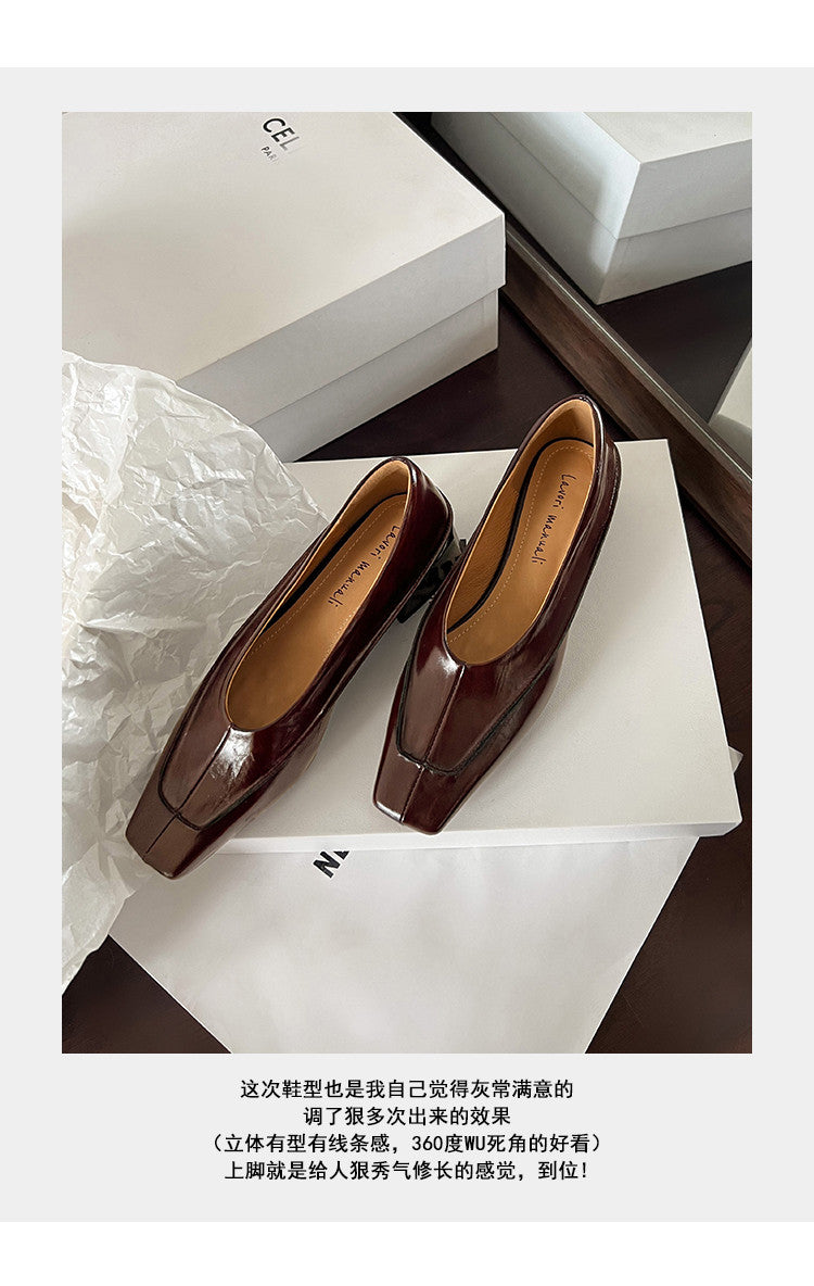 Karin Luna In Stock Spot Goods  Retro Full Leather Square Toe Shallow Mouth Single Shoes