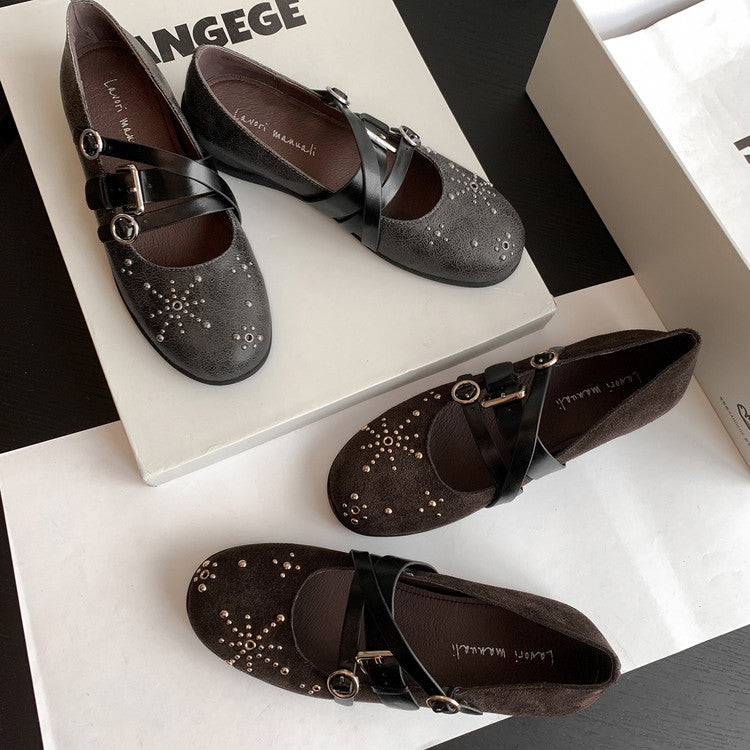 Karin Luna In Stock Spot Goods Studded Rivet Hidden Wedge Mary Jane Shoes