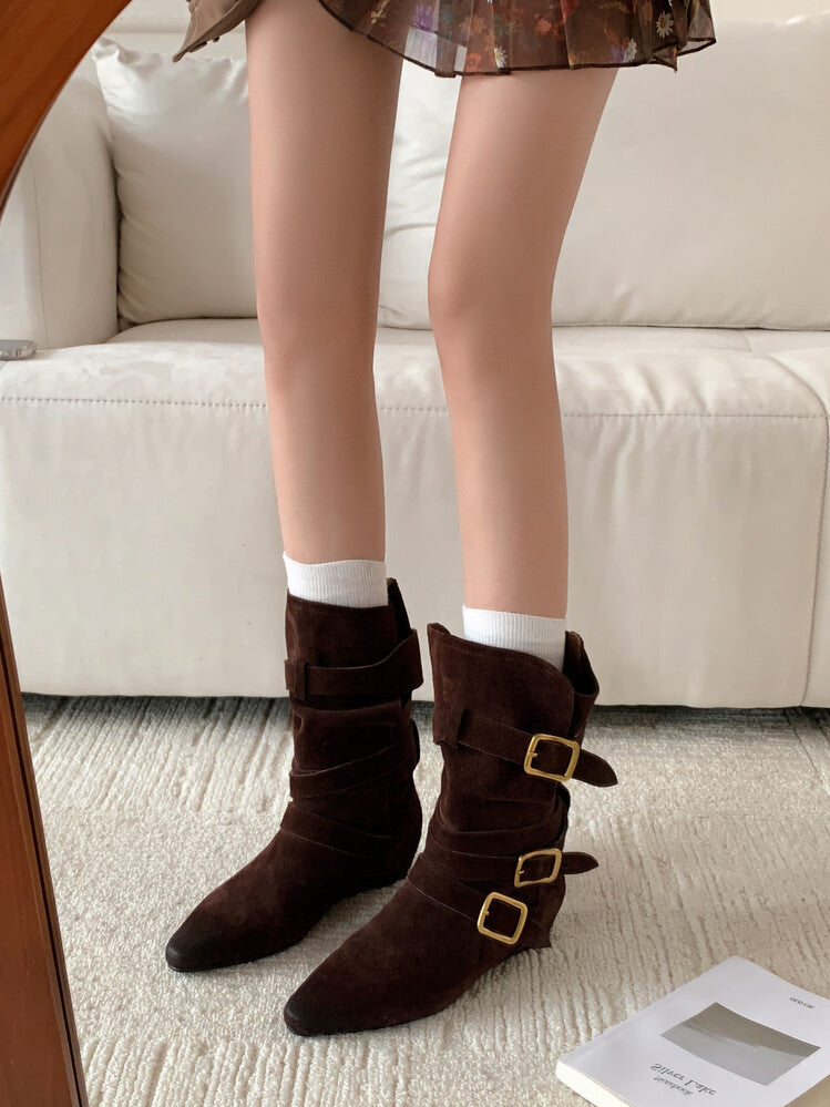 Karin Luna Cow Leather Small Square Toe Belt Buckle Fashion Boots