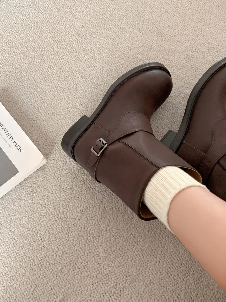 Karin Luna Belt Buckle Chunky Heel Fashion Short Boots