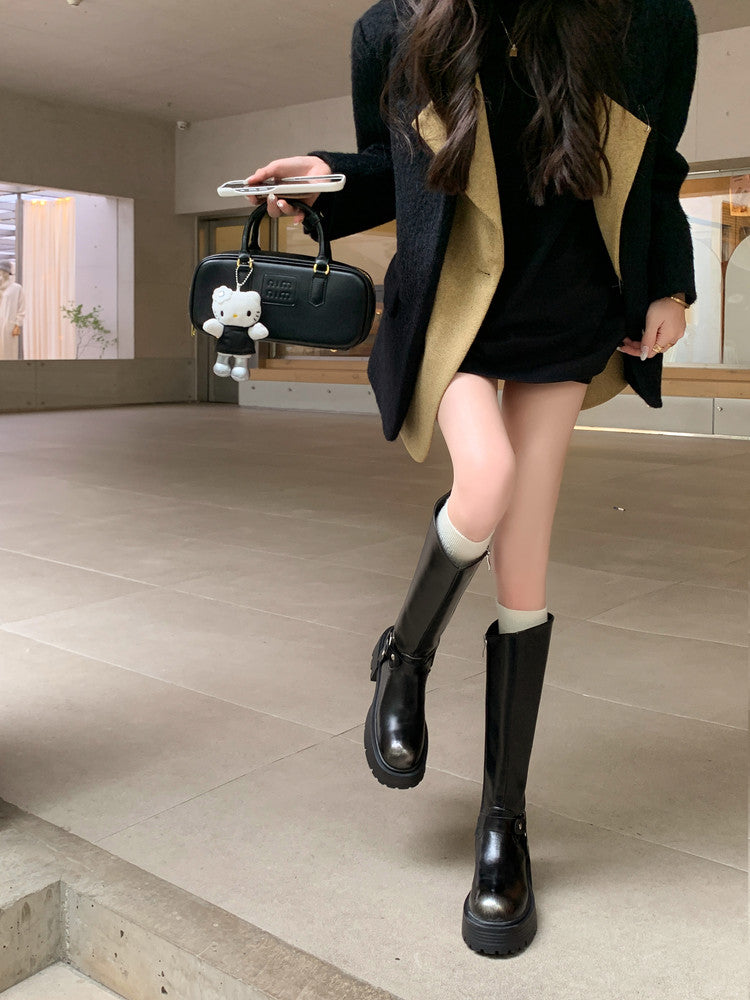 Karin Luna In Stock Spot Goods Round Toe Thick Sole Belt Buckle Straight Long Boots