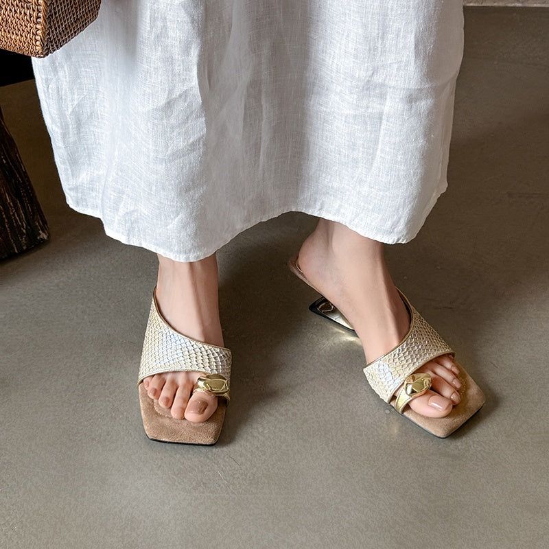Karin Luna Fish Skin Series~Minimalist Square Toe Popular Irregular Heel Slippers