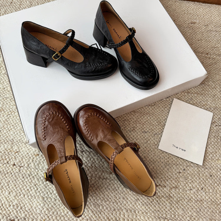 Karin Luna In Stock Spot Goods Vintage Braided Twist High Heels T Round Toe Thick Sole Single Shoes