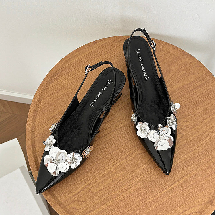 Karin Luna In Stock In Stock  Sequin Floral Pointed Toe Chunky Heel Closed-Toe Sandals