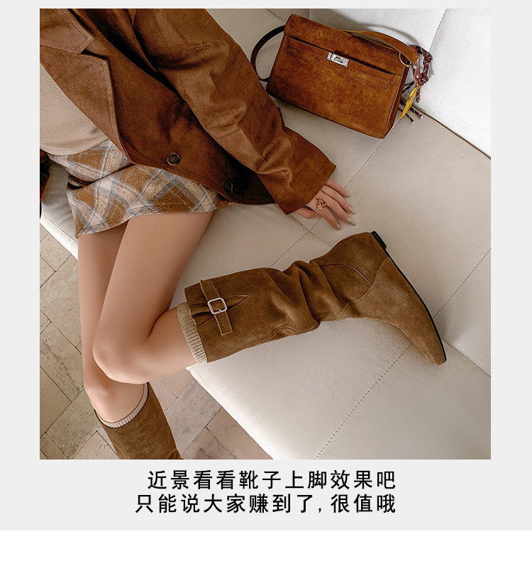Karin Luna In Stock Spot Goods Vintage Cowhide Leather Chunky Heel Height Increasing Long Boots