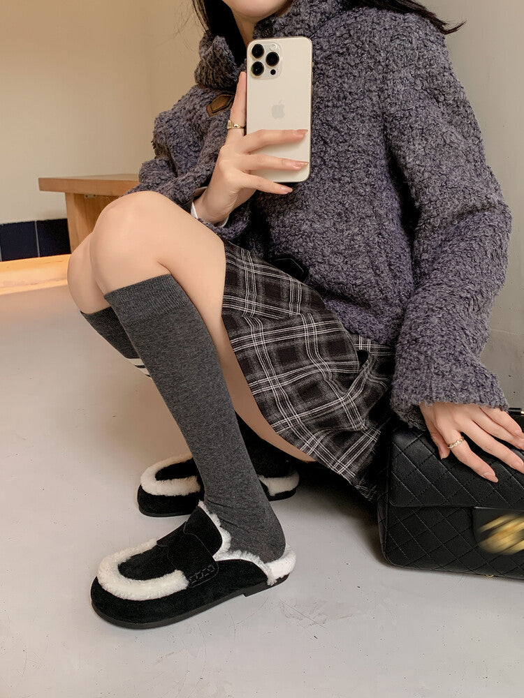 Karin Luna In Stock Look~This is such thick lamb wool Winter Atmosphere！Cowhide Leather Lamb Wool Round Toe Flat Sole Half Support！