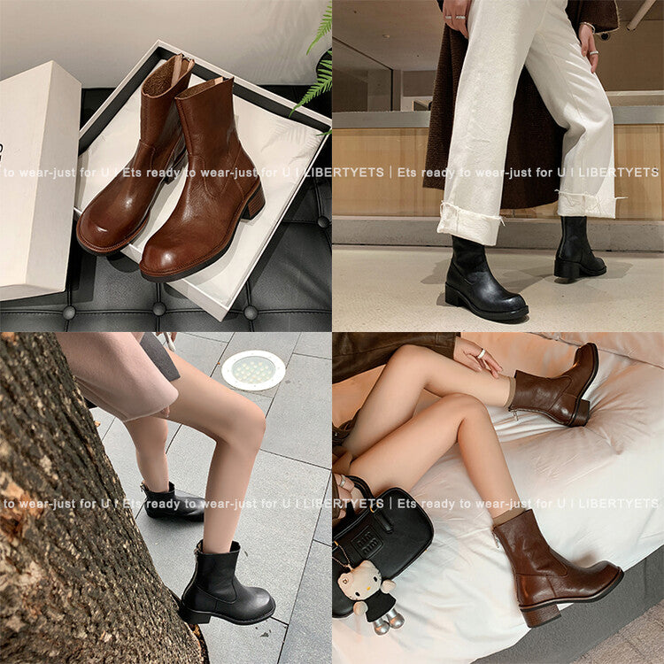 Karin Luna In Stock Spot Goods  Full-grain leather inside and out   Minimalist Texture  Round Toe Flat Bottom Basic Short Boots