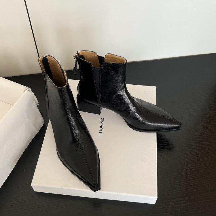 Karin Luna In Stock Spot Goods Elegant Stretch Fabric Patchwork Pointed Toe Chunky Heel Short Boots