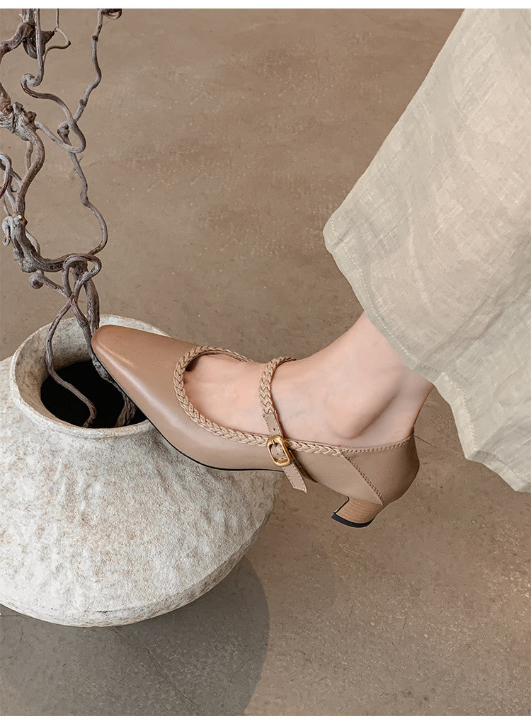 Karin Luna Braided Element Design Chunky Heel Square Toe Single Strap Shoes