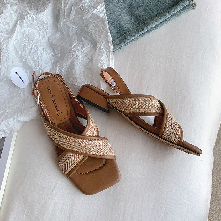 Karin Luna In Stock  Spot Goods Woven Style  Cross-strap Vacation Style Flat Sandals