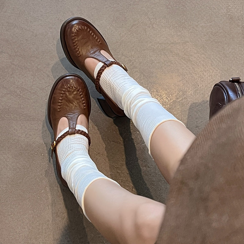 Karin Luna In Stock Spot Goods Vintage Braided Twist High Heels T Round Toe Thick Sole Single Shoes