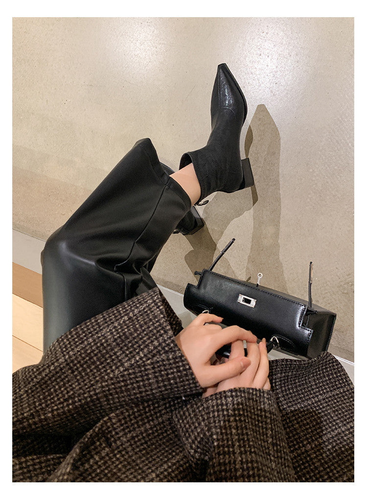Karin Luna Elegant Style Pointed Toe Chunky Heel Short Boots