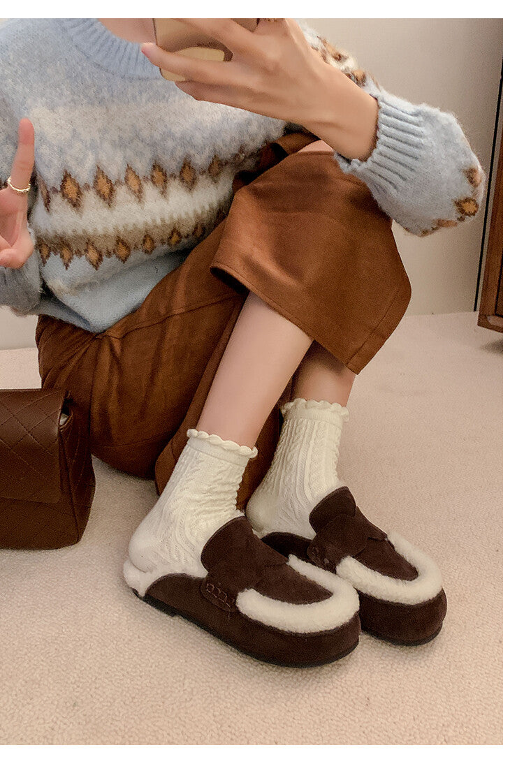 Karin Luna In Stock Look~This is such thick lamb wool Winter Atmosphere！Cowhide Leather Lamb Wool Round Toe Flat Sole Half Support！