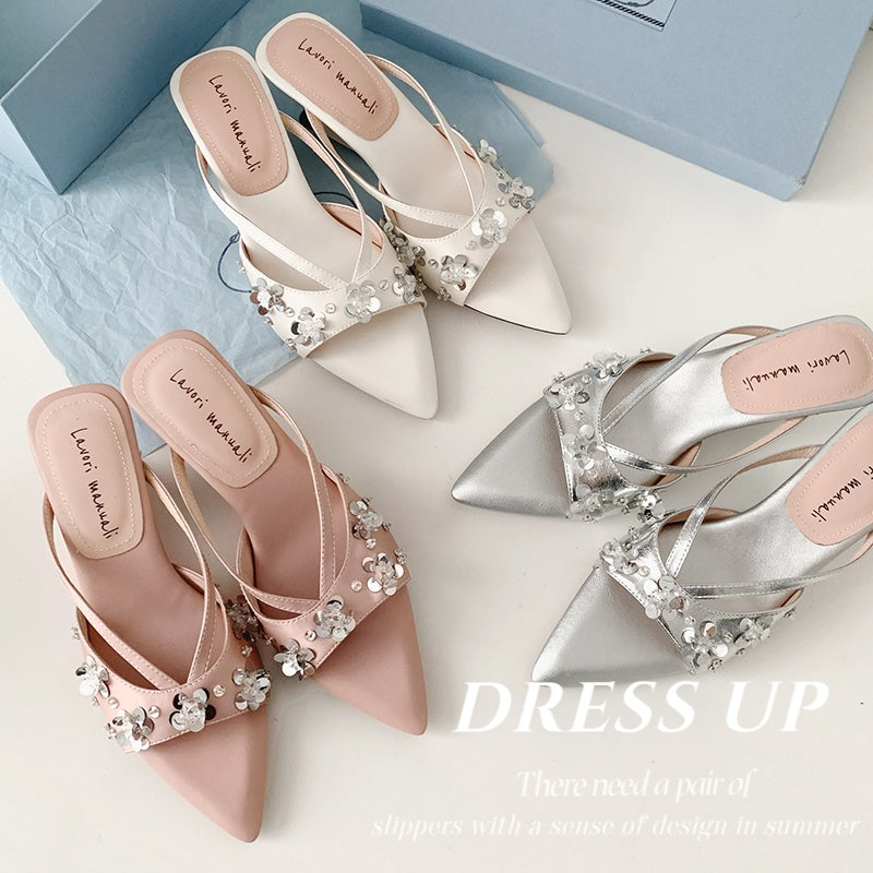 Karin Luna Bestseller Sequin Elements Elegant Pointed Toe Irregular Heel Slippers