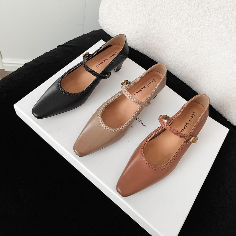 Karin Luna Braided Element Design Chunky Heel Square Toe Single Strap Shoes