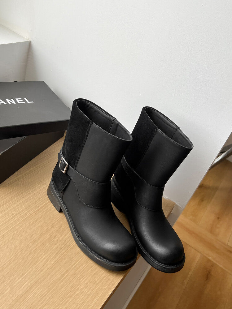 Karin Luna Belt Buckle Chunky Heel Fashion Short Boots