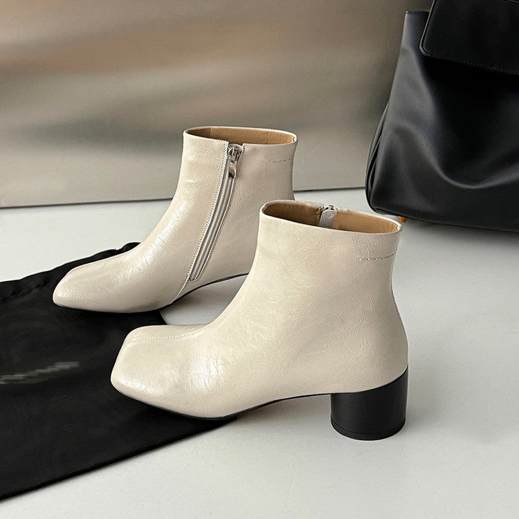Karin Luna French Style Square Toe Chunky Heel Ankle Boots