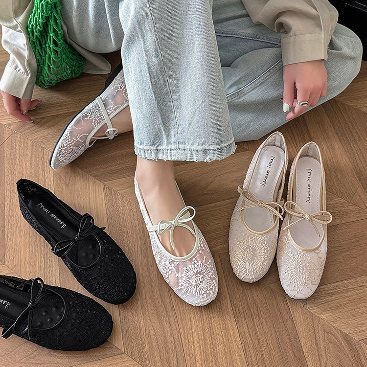Karin Luna In Stock Spot Goods  Summer Breathable Retro Embroidered Bow Granny Shoes