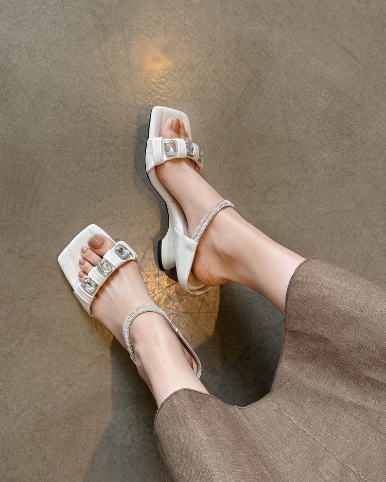 Karin Luna Bestseller Popular Rhinestone Ribbon Square Toe Slippers