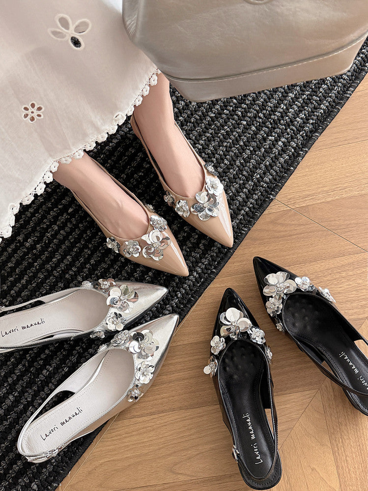 Karin Luna In Stock In Stock  Sequin Floral Pointed Toe Chunky Heel Closed-Toe Sandals