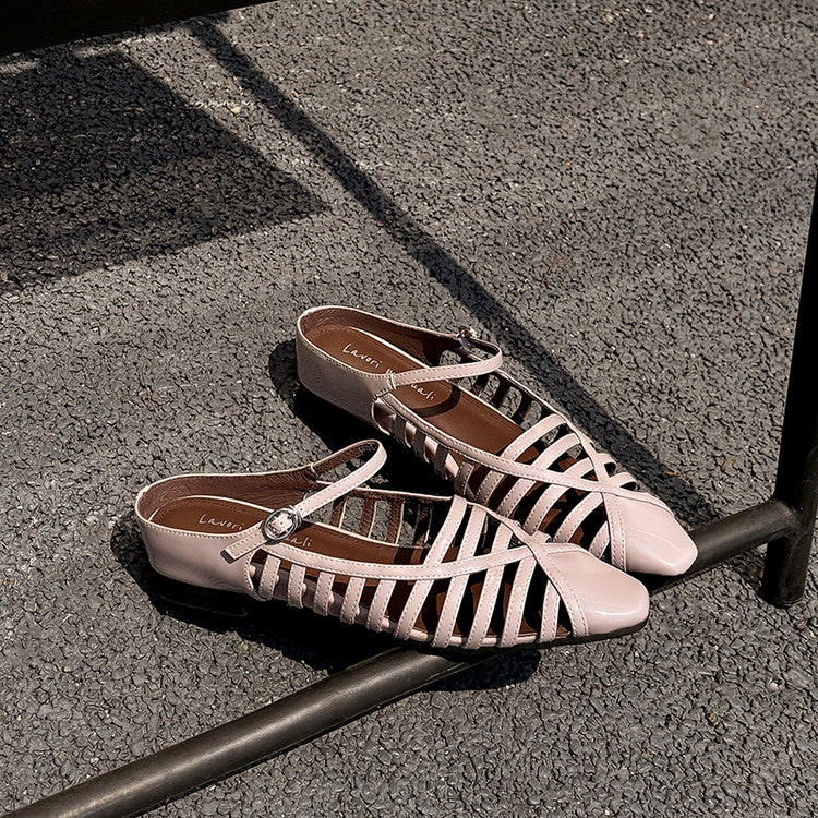 Karin Luna In Stock Spot Goods   French Retro Hollow Small Square Toe One-Strap Slippers