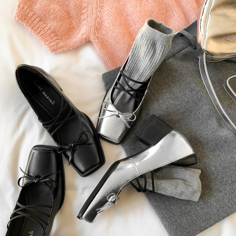 Karin Luna In Stock Spot Goods  Popular Self-flowing Bowknot Square Toe Chunky Heel Single Shoes