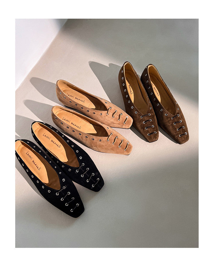 Karin Luna In Stock Spot Goods    Old Money Style Square Toe Suede Flats