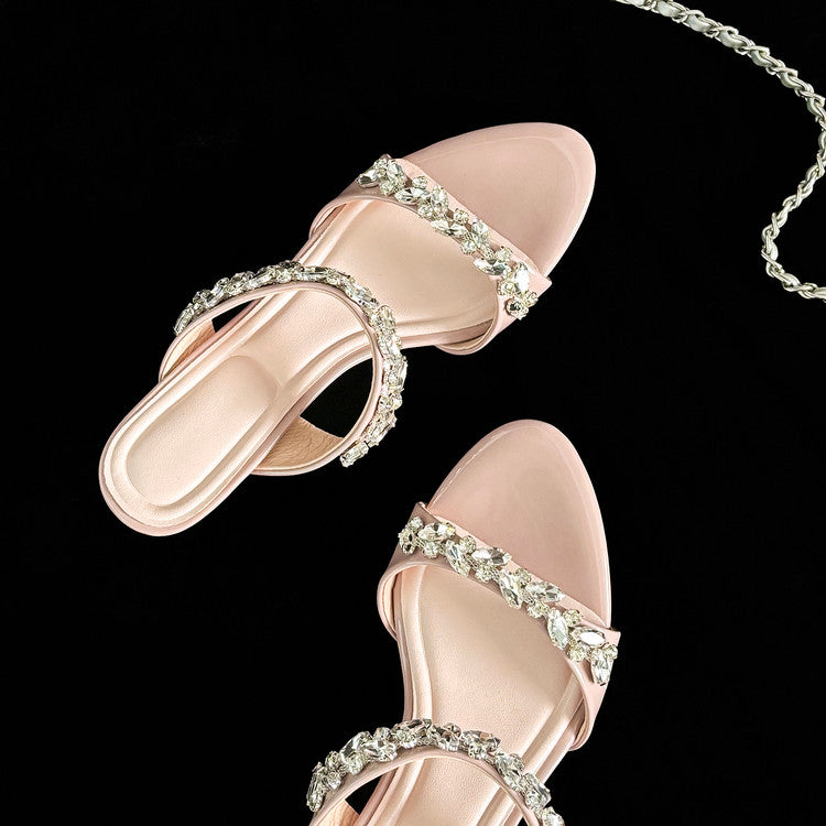 Karin Luna Exquisite Round Toe One-Strap Rhinestone Thin Heel Slippers