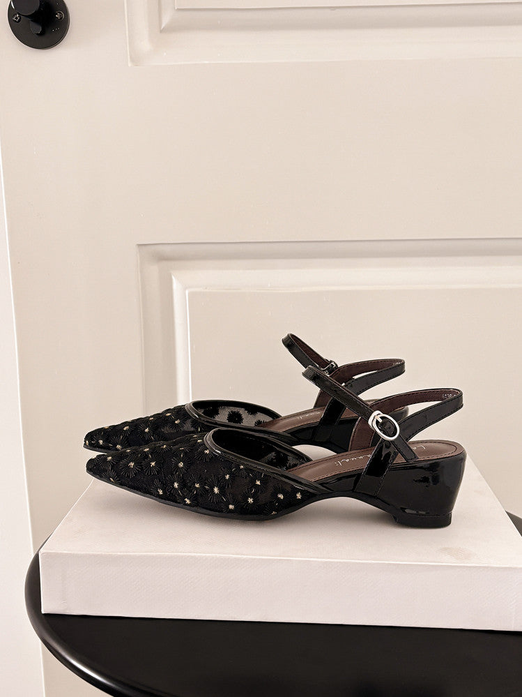 Karin Luna In Stock Spot Goods Embroidered Daisy Sheepskin Mesh Elegant Closed-Toe Slippers