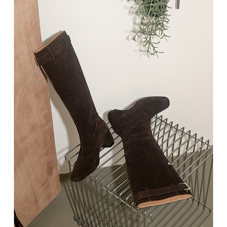 Karin Luna Belt Buckle Elegant Chunky Heel Suede Western Boots