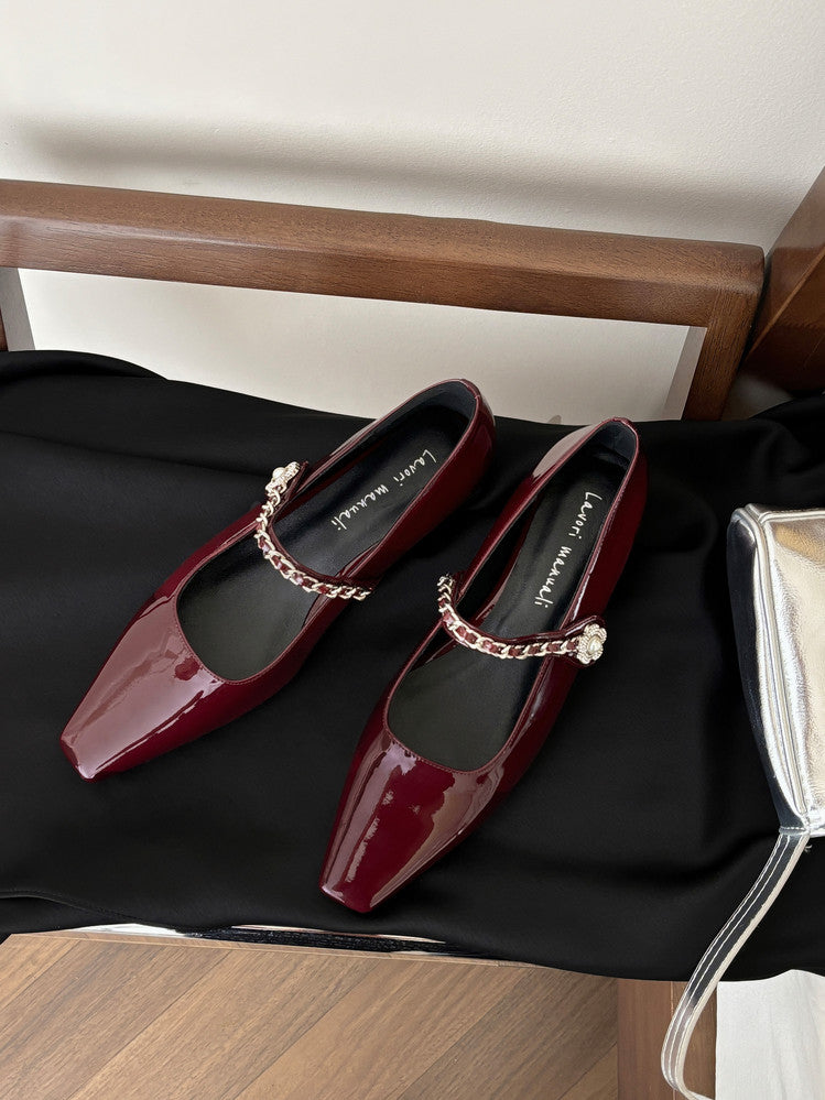 Karin Luna In Stock In Stock ~Metal One-Strap Pearl Small Square Toe Height-Increasing Flats