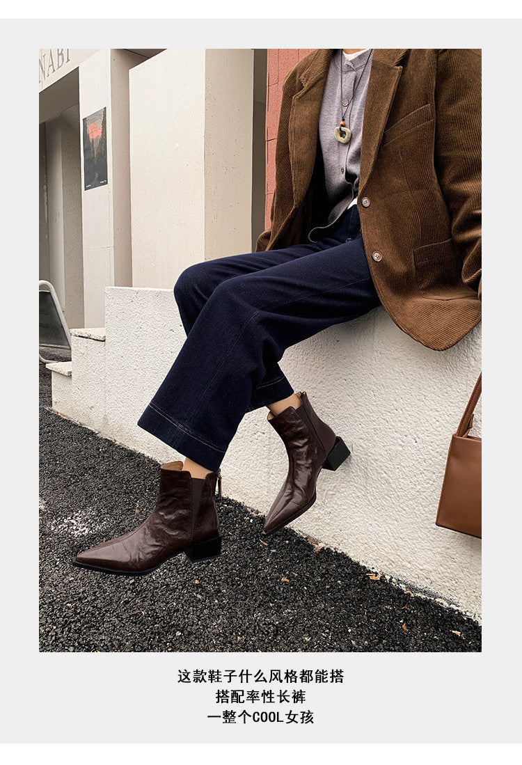 Karin Luna In Stock Spot Goods Elegant Stretch Fabric Patchwork Pointed Toe Chunky Heel Short Boots