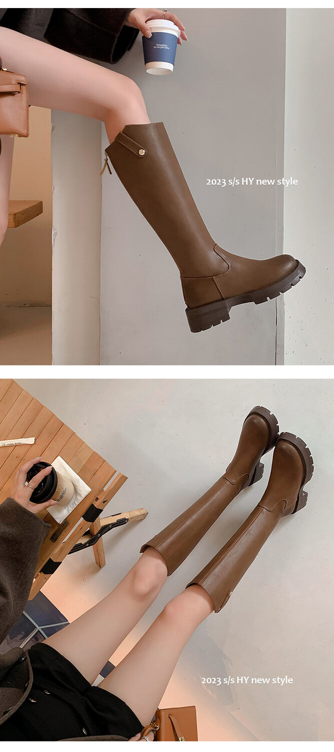 Karin Luna Hot-Selling In Stock   Basic Casual Hot-Selling Round-Toe Long Boots Full Cowhide Leather Long Boots Flat Bottom Hot Sale
