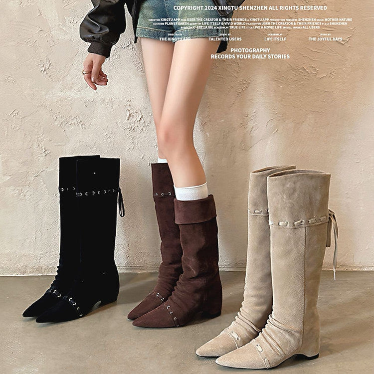 Karin Luna Elegant Style  Pointed Toe Pleated Hidden Wedge Western Boots