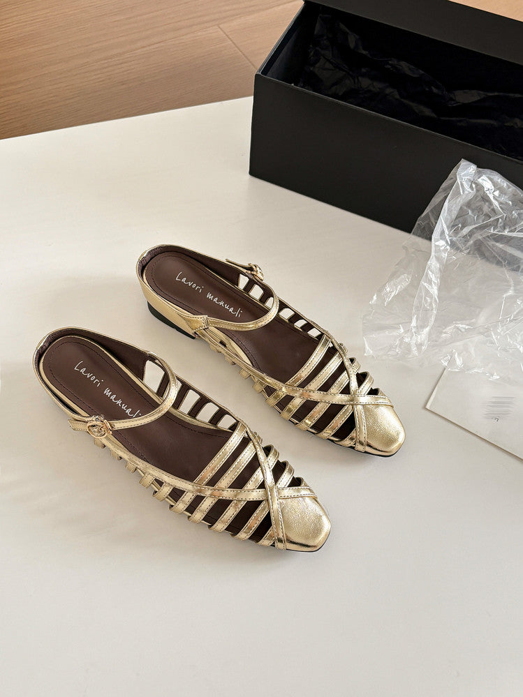 Karin Luna In Stock Spot Goods   French Retro Hollow Small Square Toe One-Strap Slippers