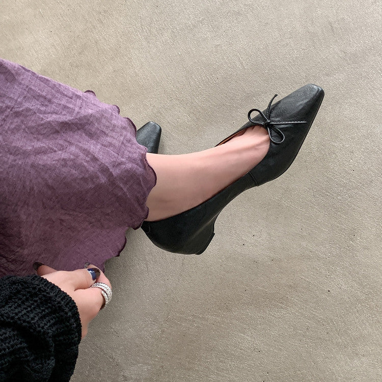 Karin Luna Full Layer Inside and Out~Basic Versatile Small Square Toe Butterfly Knot Irregular Heel Single Shoes