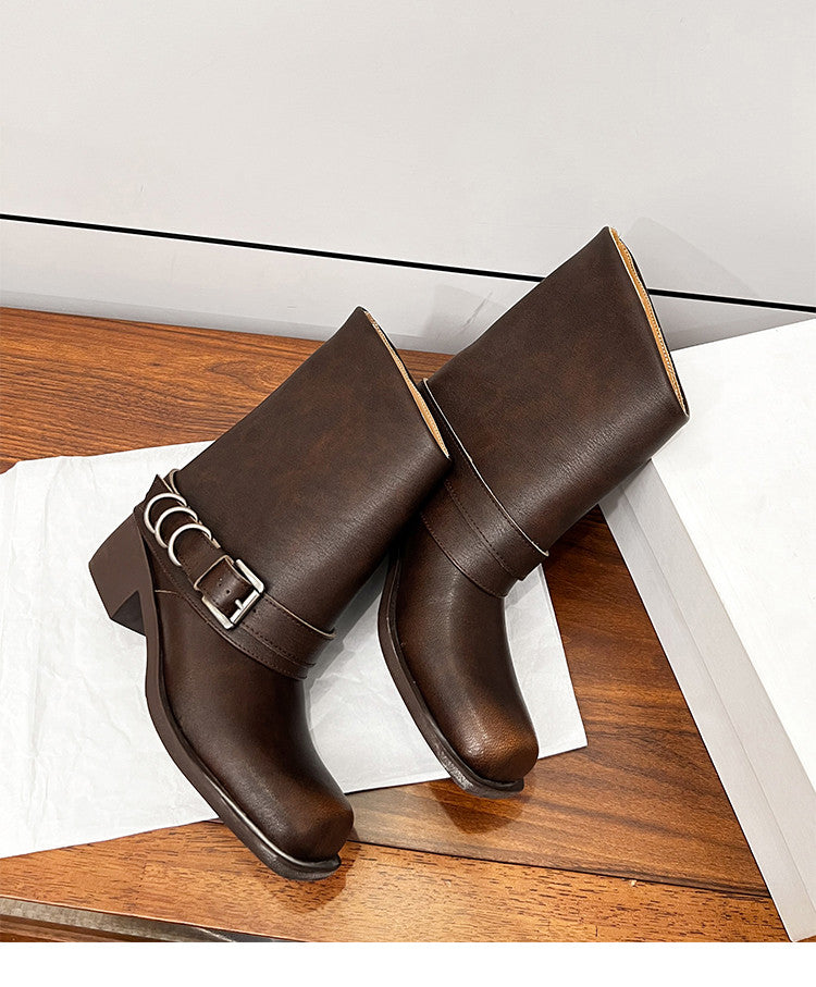 Karin Luna Elegant Style Square Toe Belt Buckle Pants Boot Short Boots