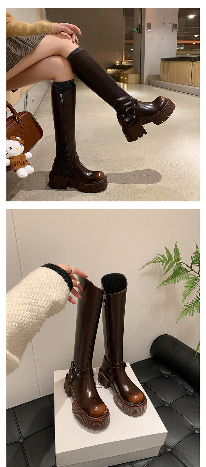 Karin Luna In Stock Spot Goods Round Toe Thick Sole Belt Buckle Straight Long Boots