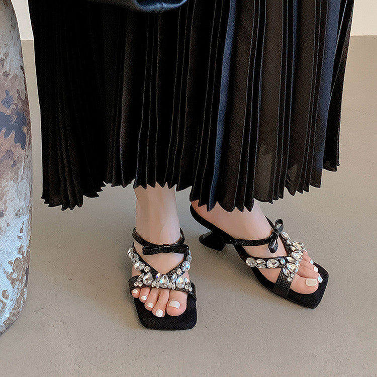 Karin Luna In Stock In Stock  Square Toe Rhinestone Bow Suede Slippers