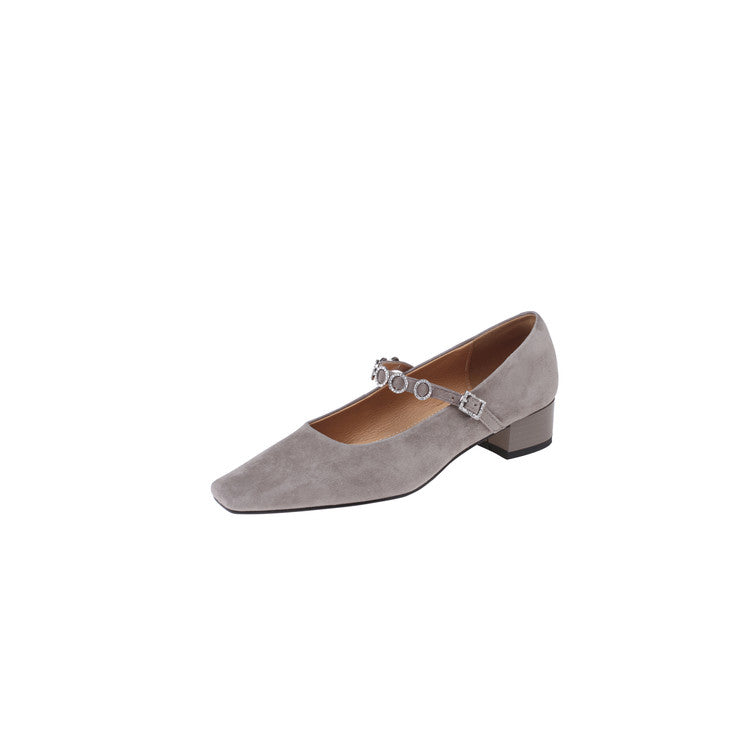 Karin Luna In Stock Spot Goods  Vintage Full Leather Square Toe Rhinestone Strap Shallow Mouth Single Shoes