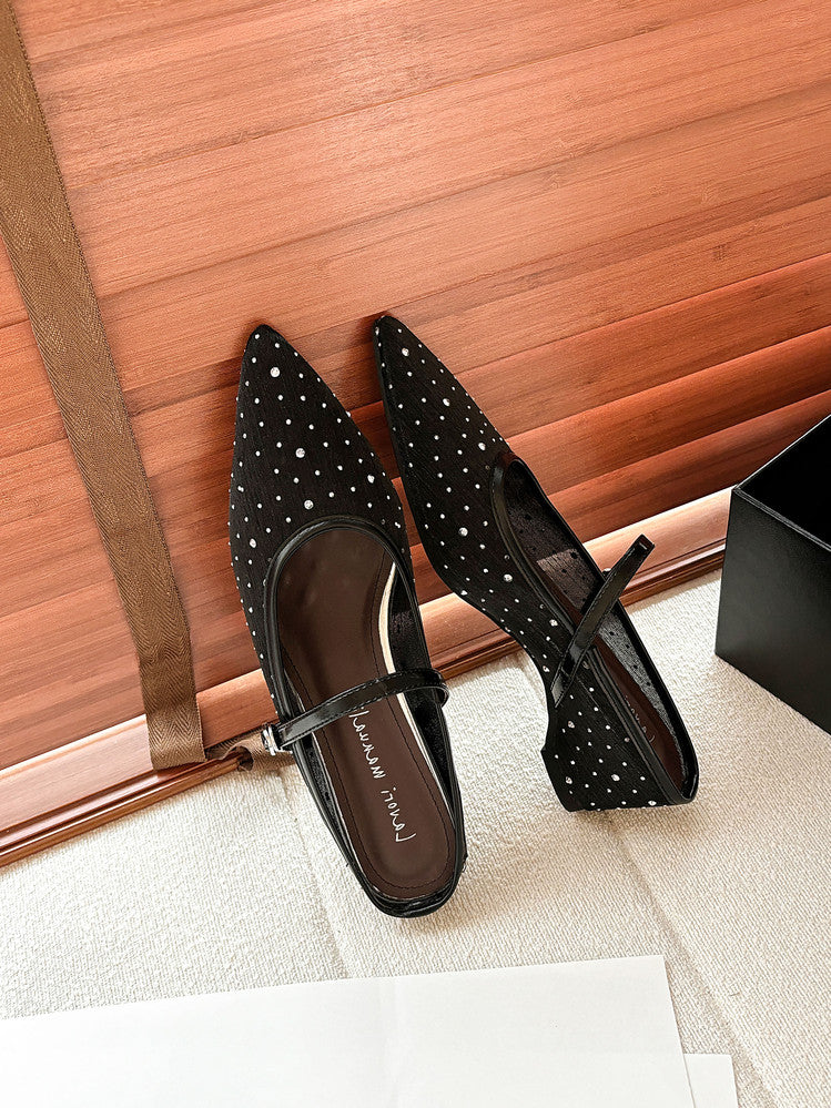 Karin Luna In Stock Spot Goods  Breathable Mesh Fabric Embellished Hand Drill Pointed Toe Slippers