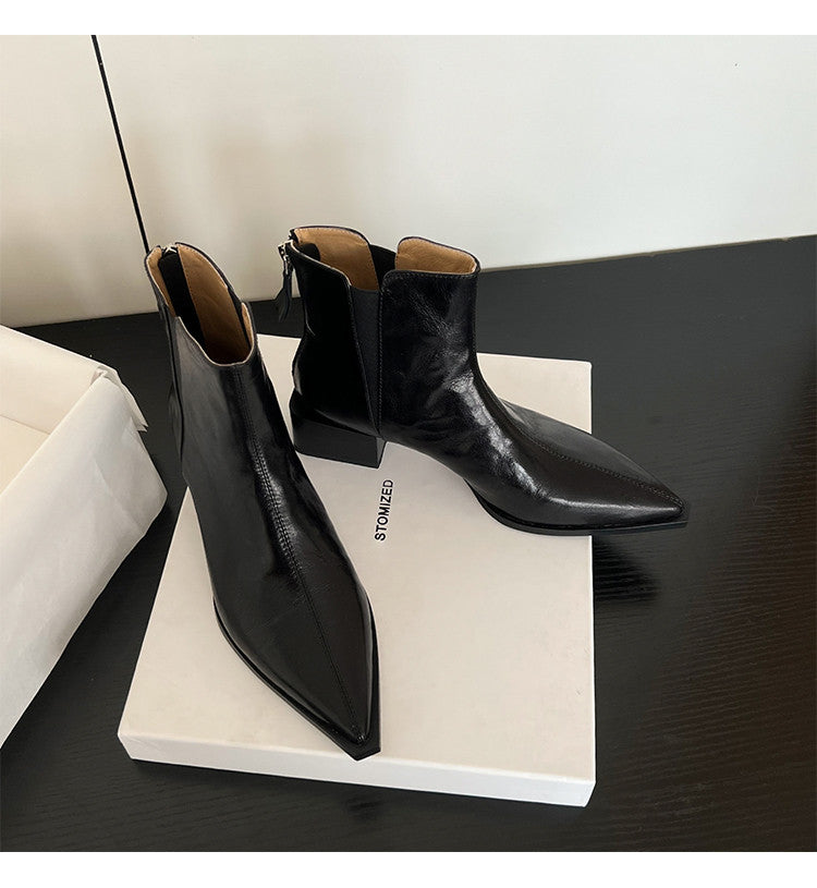 Karin Luna In Stock Spot Goods Elegant Stretch Fabric Patchwork Pointed Toe Chunky Heel Short Boots