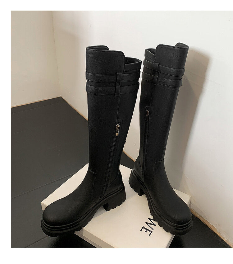 Karin Luna In Stock  Round Toe Thick Sole Casual Belt Buckle Long Boots