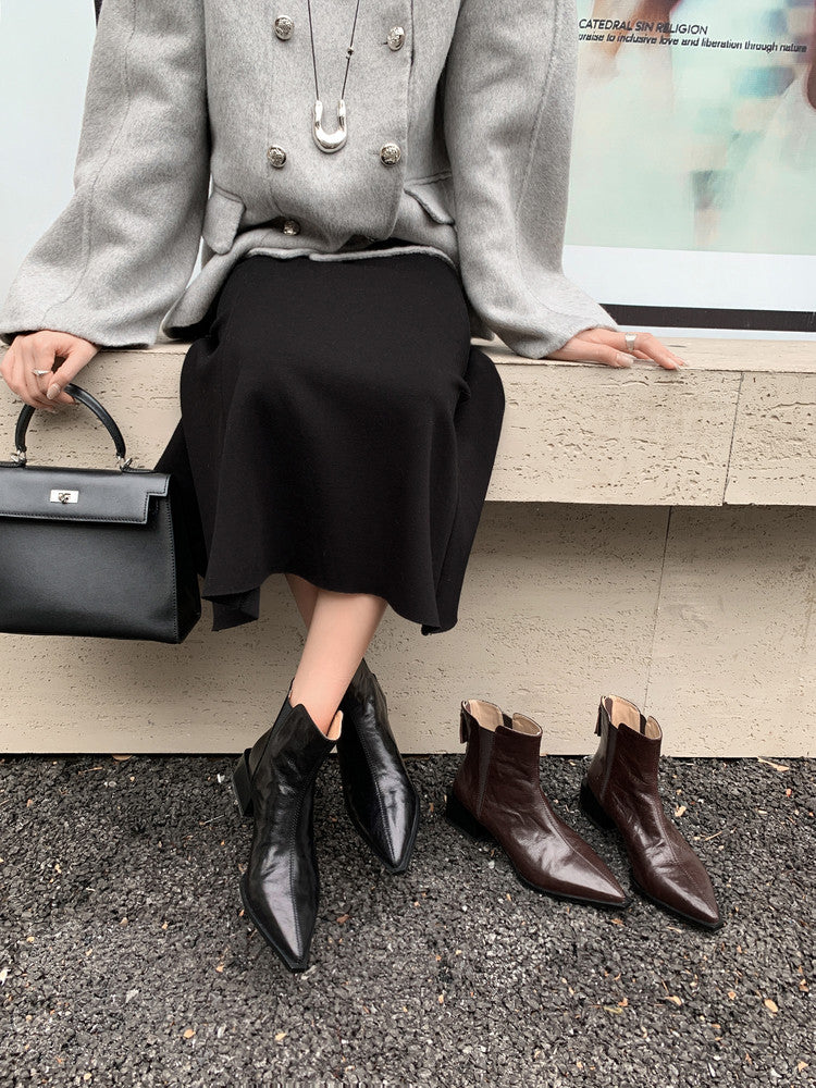 Karin Luna In Stock Spot Goods Elegant Stretch Fabric Patchwork Pointed Toe Chunky Heel Short Boots