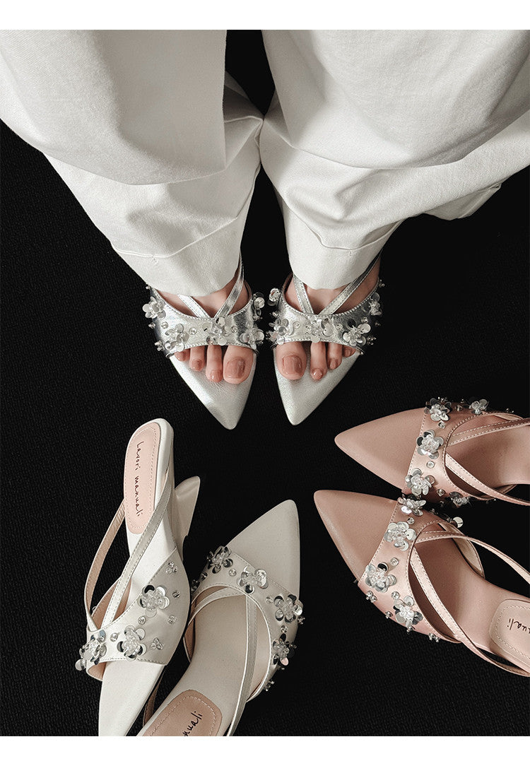 Karin Luna Bestseller Sequin Elements Elegant Pointed Toe Irregular Heel Slippers