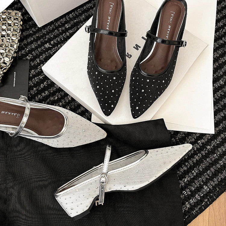 Karin Luna In Stock Spot Goods  Breathable Mesh Fabric Embellished Hand Drill Pointed Toe Slippers