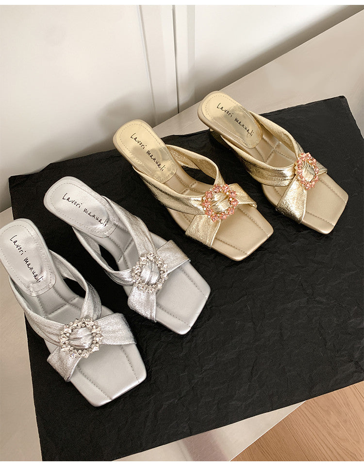 Karin Luna In Stock In Stock Elegant Square-Toe Cross-Strap Rhinestone Square-Toe Slippers