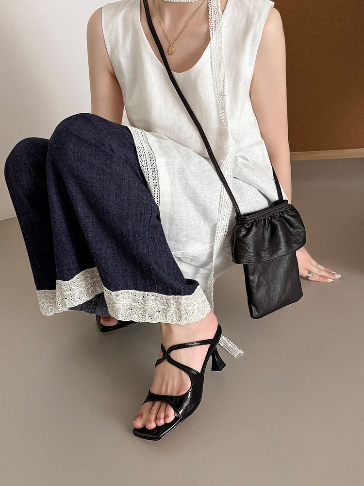 Karin Luna French Retro Square Toe Wrap Strap Open-Toe Slippers